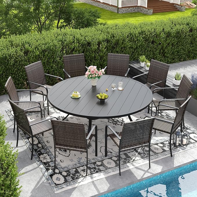 DIFY 11 Piece Outdoor Dining Set, Patio Table and Chairs Set for 10 with Umbrella Hole, 63" Black Round Dining Table & Stackable Wicker Patio Chairs, Metal Patio Furniture Set for Garden Backyard