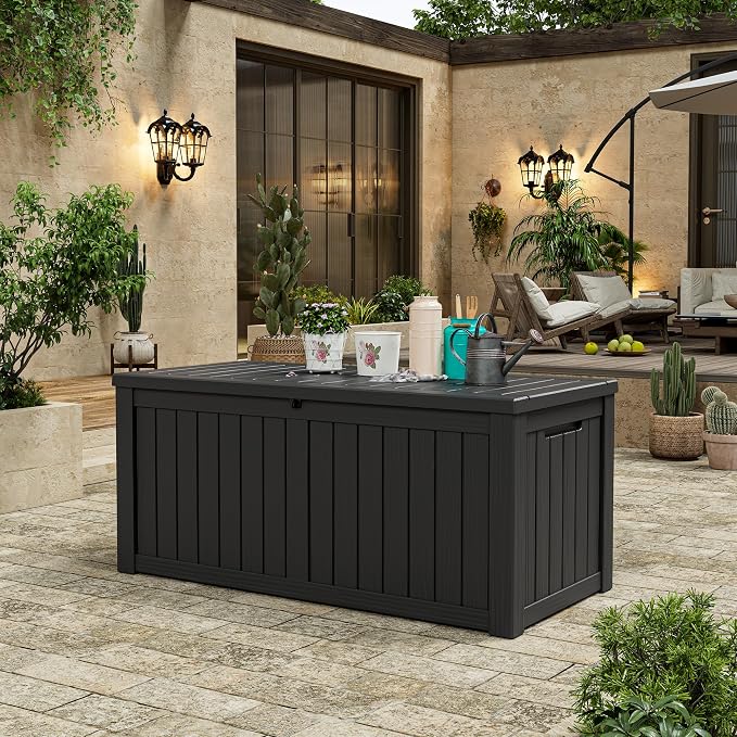 KAMABOKO Outdoor Storage Box, 150 Gallon Large Outdoor Resin Deck Box, Storage Waterproof Boxes Lockable Lid for Garden Tools, Pool Supplies, Patio Furniture and Cushions, Black