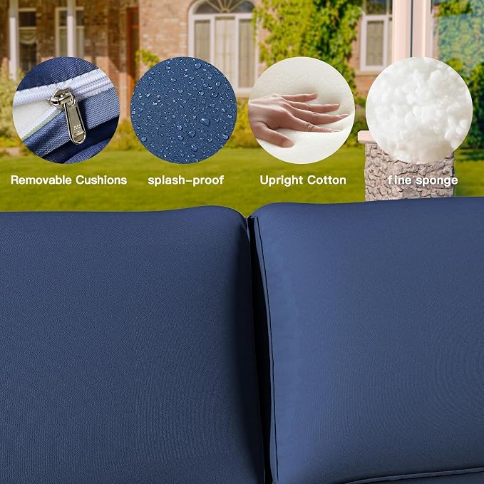 9 Pieces Outdoor Patio Furniture Sets,Wicker Conversation Set Sectional Sofa,Includes 8 All-Weather High Back PE Rattan Seating Components w/Thickened Cushions&Coffee Table,Navy