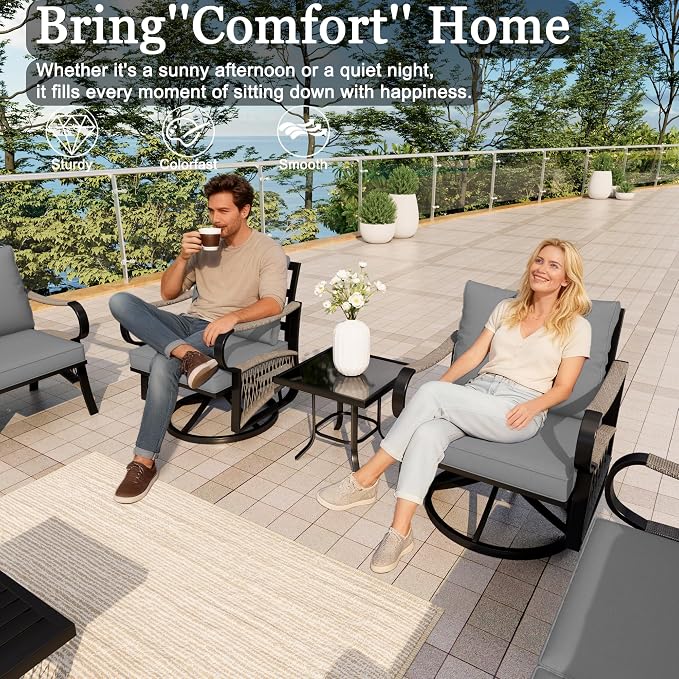 10 Pieces Patio Conversation Sets, All-Weather Metal Swivel Rocking Chairs with Rope Furniture Set, Outdoor Sofa Couch for Deck, Porch, Garden, Backyard, Poolside (Gray Cushions)