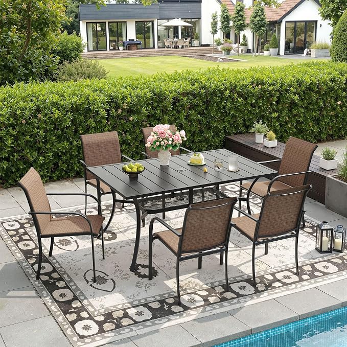 DIFY 7 Pieces Outdoor Patio Dining Set for 6, 59.2" Black Rectangle Metal Dining Table and 6 Brown Stackable Textilene Patio Chairs, Outdoor Table and Chairs for Backyard Garden Poolside