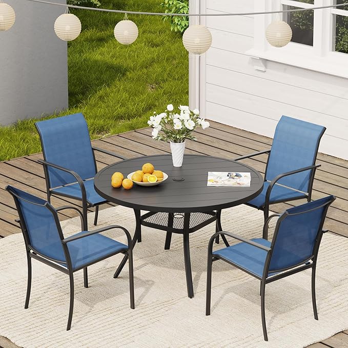 VICLLAX Round Outdoor Dining Set, Patio Table and Chairs Set Set of 4 Patio Stackable Chairs and 40.6" Outdoor Round Table with Umbrella Hole for Backyard Lawn Garden, Blue Chairs and Black Table