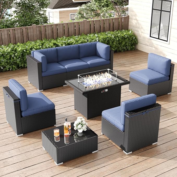 LayinSun 8 Pieces Patio Furniture Set with Fire Pit Table, Black Rattan Modular Sectional Patio Conversation Sofa Set