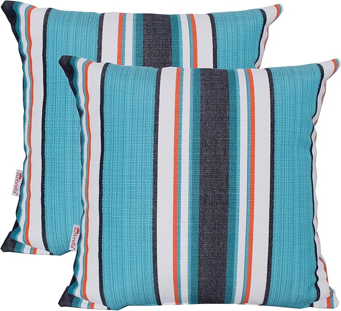 Outdoor/Indoor Sunbrella Throw Pillow Cover Only Square Set of 2 Pieces 16 inch x 16 inch Token Surfside Stripe - Insert Not Included, Navy/Teal