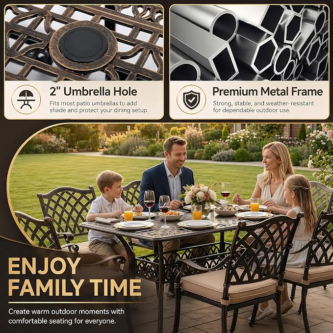 7 Piece Outdoor Dining Set Cast Aluminum Retro Patio Dining Set for 6 Includes 59” Rectangular Table 2 Swivel Chairs with Thicker Cushions and Umbrella Hole for Patio Deck Garden
