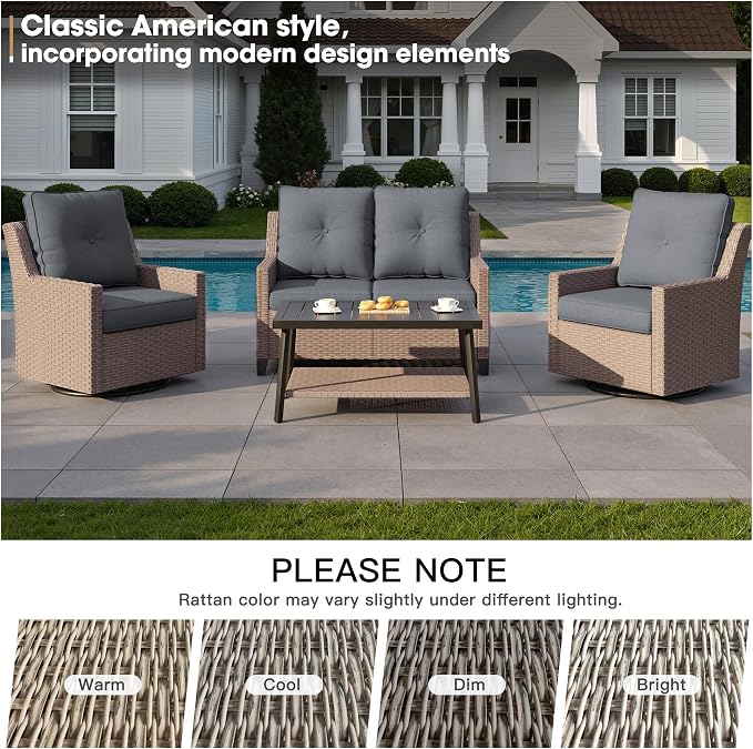 NestNook 4 Piece Patio Furniture Set, Outdoor Swivel Glider Chairs Set of 2 with Loveseat and Coffee Table Wicker Patio Conversation Set for Backyard Balcony & Poolside（Dark Grey）