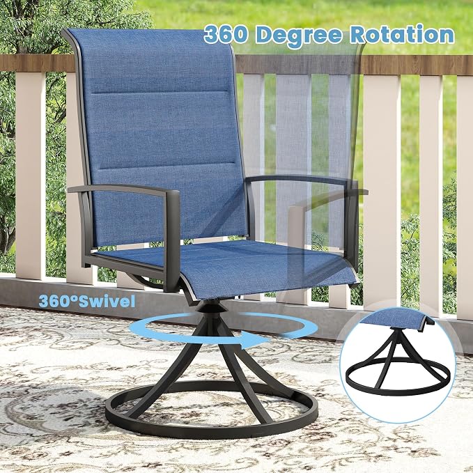 DIFY 7 Piece Outdoor Patio Dining Set for 6, 53" Black Round Metal Dining Table and Swivel Patio Chairs with Blue Padded Textilene, All-Weather Outdoor Furniture Set for Garden Backyard Porch