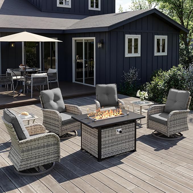7Pcs Patio Rocking Swivel Chair with 55,000 BTU Fire Pit Table Outdoor Wicker Rattan Bistro Set with Tempered Glass Side Table, Outdoor Patio Furniture Set for Garden and Balcony, Grey