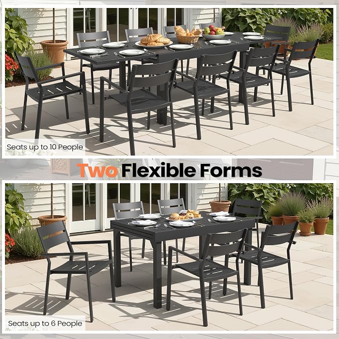 Pellebant 11-Piece Aluminum Outdoor Dining Set for 10, Stackable Contoured Seat Armrest Chairs with 17.3" Depth, Expandable Patio Table – Weather-Resistant Furniture for Deck, Porch & Backyard