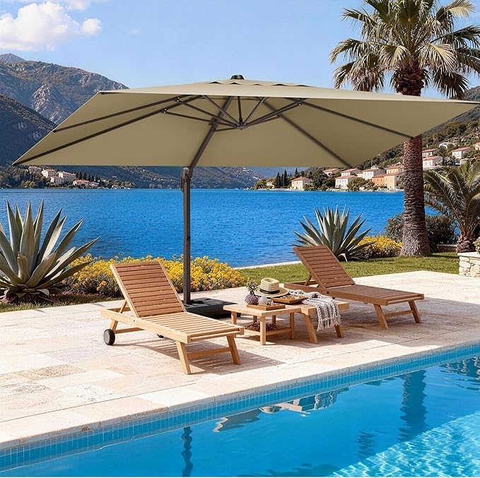 9' X 12' Rectangle Patio Umbrella Cantilever Outdoor Umbrella, 6-Level Tilt & 360° Rotation Offset Umbrella for Garden, Deck, Pool (Beige)