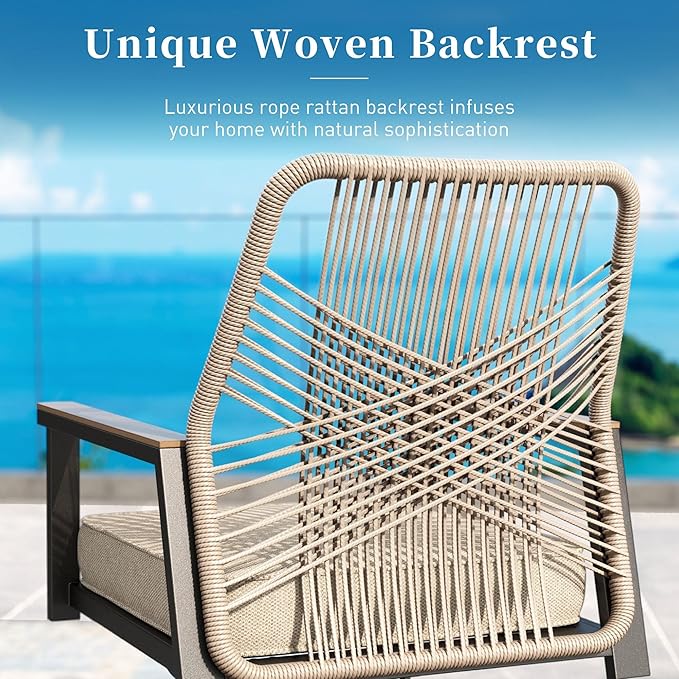 Patio Dining Set 9 Piece, 8 x Woven Rattan Swivel Chairs with Waterproof Cushion, 57.5" Square Wood-Like Metal Table with Umbrella Hole, Outdoor Table and Chairs Set for Backyard Lawn and Deck, Beige