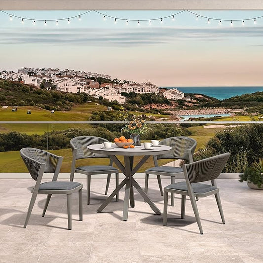 PURPLE LEAF 5 Pieces Round Dining Set Aluminum Frame and Wicker Rattan Patio Table and Chairs with Cushions for Garden Deck Outdoor Grey