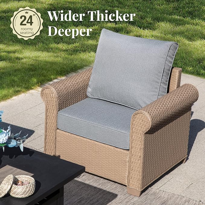 MIXPATIO Patio Furniture Set 5 pcs, Wicker Outdoor Patio Furniture, 3-Seat Sofa, 2 Single Chairs and 2 Ottomans, Rattan Patio Conversation Set for Backyard Deck, Grey