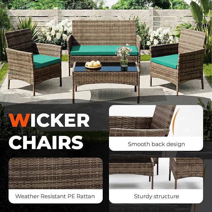 4 Pieces Outdoor Patio Furniture Set, Wicker Patio Conversation Set with Tea Table, All-Weather Outside Rattan Sectional Sofa for Backyard, Poolside, Garden, Balcony, Brown/Green