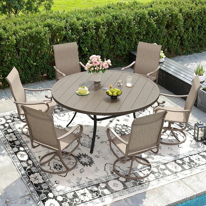 DIFY 7 Pieces Outdoor Dining Set for 6, Outdoor Furniture Set of 6 Sandshell Textilene Swivel Patio Chairs, 50" Grey Wood-Like Round Metal Dining Table Set with Umbrella Hole, for Garden Deck Backyard