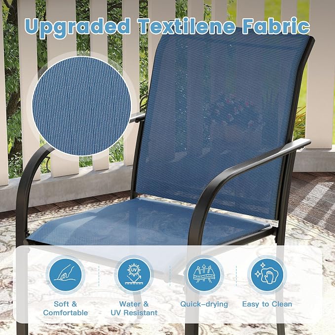 DIFY 3-Piece Outdoor Patio Bistro Dining Set, Black Small Square Dining Table & 2 Blue Stackable Metal Chairs with Breathable Fabric, Outdoor Furniture Set for Balcony, Porch, and Deck