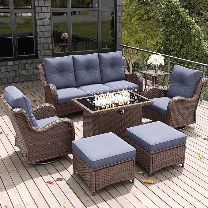 LayinSun 7 Pieces Outdoor Patio Furniture Set with Fire Pit Table, Rattan Wicker Sectional Swivel Rocker Chairs Sets with Ottomans, Swivel Glider Chairs and Coffee Table