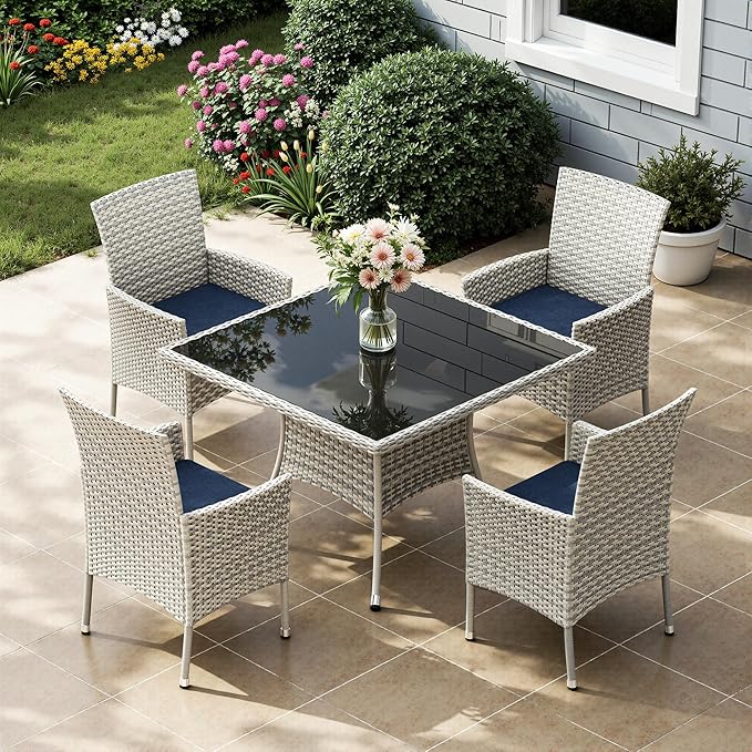 5-Piece Patio Dining Set, Patio Furniture Set with Square Tempered Glass Table & 4 Wicker Chairs, Expandable Design for Larger Groups, Outdoor Furniture for Backyard, Deck, Garden, Navy Blue