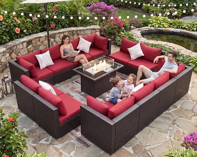 BULEXYARD 13 Piece High Back Wicker Patio Furniture Sets with Fire Pit, Elegant XL Oversized Outdoor Seating Set Modular, Comfy Extra Deep Wide 12-Person Sectional Couch Sofa for Backyard, Brown & Red