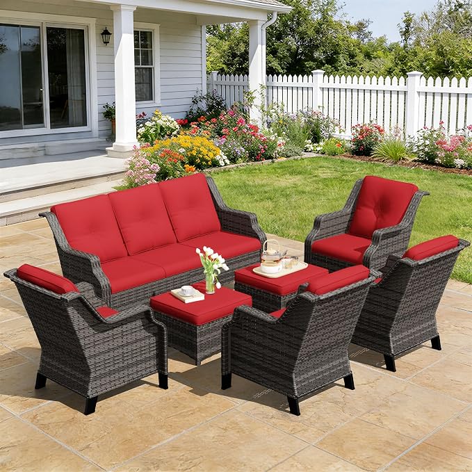 Outdoor Patio Furniture Set, 7 Piece Wicker Patio Furniture with Thick Cushions, Curved Armrest, Deep Seating, Rattan Outdoor Chairs for Porch, Deck, Balcony