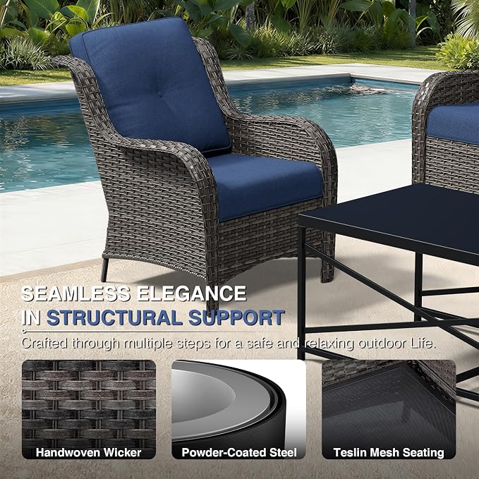 Joyside 5 Piece Wicker Patio Furniture Set, Rattan Patio Chairs with High Back, Deep Seating, Wide Armrest, Thickened Cushions, Outdoor Furniture for Deck, Porch Use
