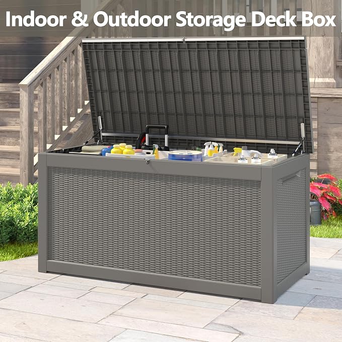 Bifanuo Outdoor Storage Box, 300 Gallon Deck Boxes Waterproof, Resin Storage Cabinet Multi Functional Storage Bench For Gardening Tools, Pool Supplies, Patio Furniture, Lockable