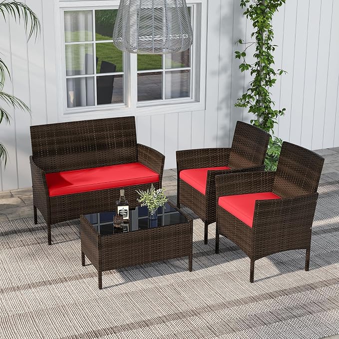 RELAX4LIFE 8-Piece Patio Furniture Set - Rattan Outdoor Conversation Bistro Set w/Cushions, Glass Coffee Table, Wicker Chairs & Loveseat for Garden Backyard Porch, Balcony Furniture Set (2, Red)