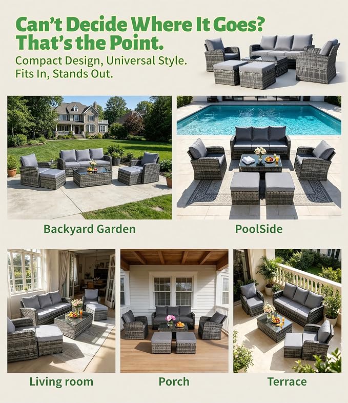 6-Piece Outdoor Patio Furniture Set, Wicker Sofa and Chairs with Cushions & Ottomans, PE Rattan All-Weather Conversation Set with Coffee Table, Comfortable Seating for Backyard, Poolside, Garden Grey