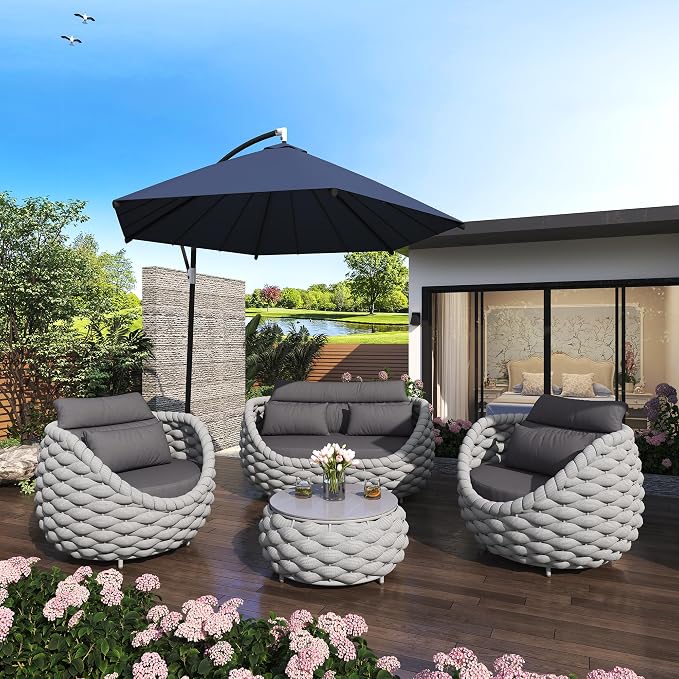 TWT 6-Piece Aluminum Patio Furniture Set, Olefin Rope Modern Outdoor Conversation Set Sectional Sofa with Water Repellent Thick Cushions and Coffee Table for Balcony, Garden, Light Grey