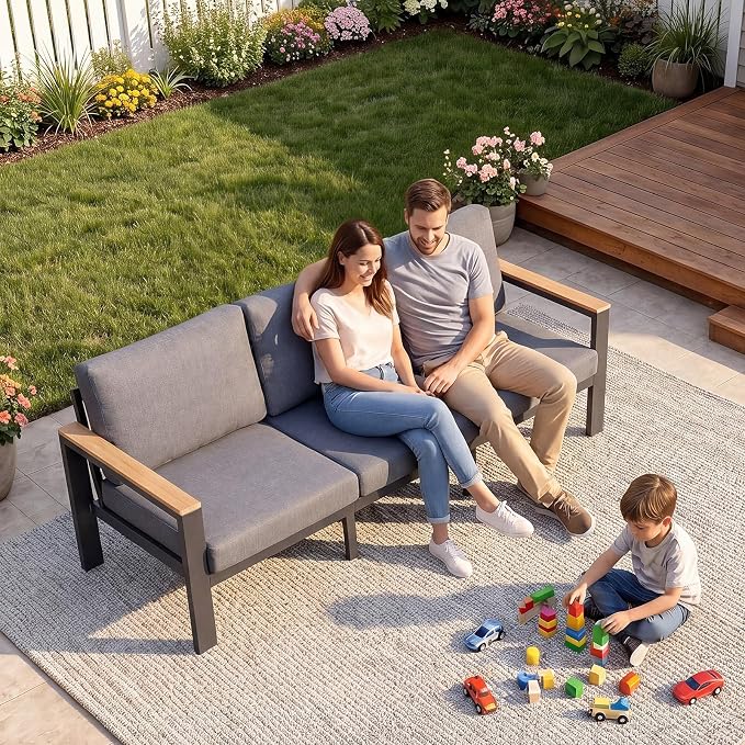 3-Seat Aluminum Outdoor Sofa, 1-Piece Powder-Coated Patio Sectional Sofa with 1.5mm Thick Frame, Anti-Hot Armrest & Waterproof Removable Cushions, Large Outdoor Couch for Backyard Courtyard Grey