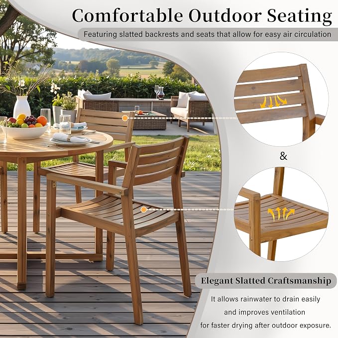 5-Piece Outdoor Patio Dining Set, All-Weather Acacia Wood 47.2" Round Dining Table with 4 Armchairs and Slatted Design for Backyard, Balcony, Garden, Poolside (Natural-4.11)