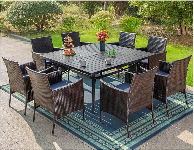 MFSTUDIO 9 Pieces Outdoor Dining Set, Patio Table and Chairs for 8, Outdoor 57" Square Table with Chairs, Patio Dinng Furniture Set Wicker, Backyard, Deck