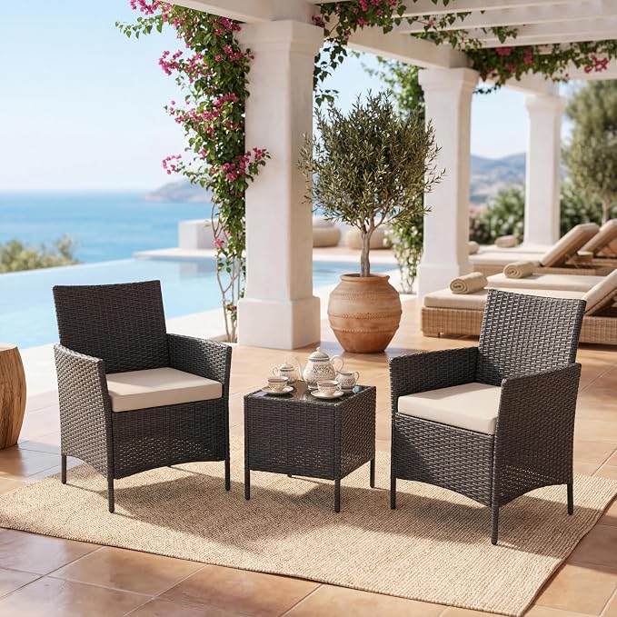 3 Piece Patio Furniture Set, Outdoor Patio Wicker Sofa Set with Upholstery and Glass Storage Coffee Table, All Weather Conversation Rattan Set for Garden, Porch, Lawn, Pool, Black+White