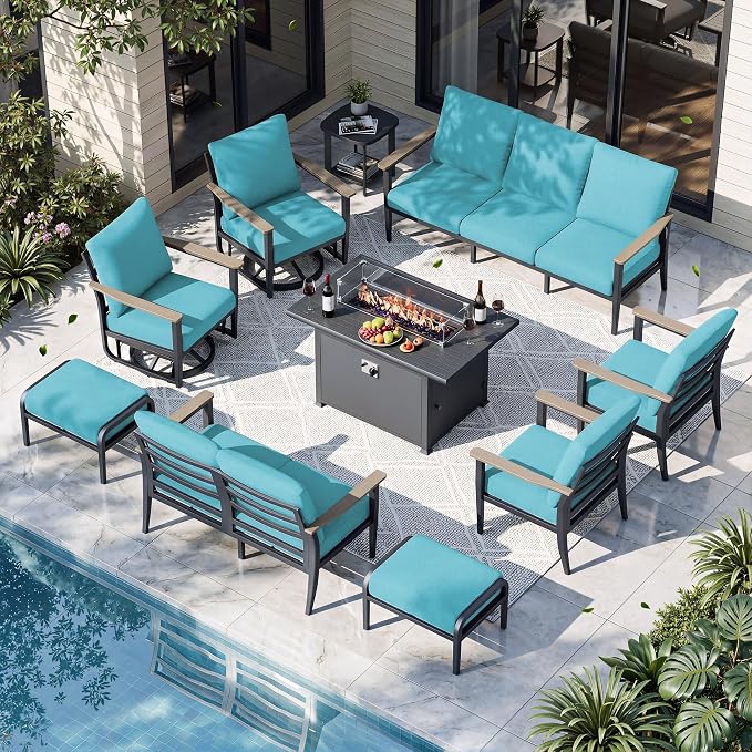 Aluminum Outdoor Patio Furniture Set with Swivel Rocking Chairs 11-Seat, Patio Sectional Sofa with Ottomans Patio Conversation Set with 55,000 BTU Fire Pit Table & High Backrest, Turquoise