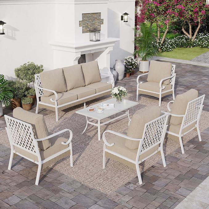 SUNSHINE VALLEY 6 Piece Metal Outdoor Patio Furniture Set, Patio Conversation Sets 1 3-seater Sofa, 4 Single Sofa with 5.75" Extra Thick Cushion and Coffee Table, White Frame Backyard Furniture, Beige