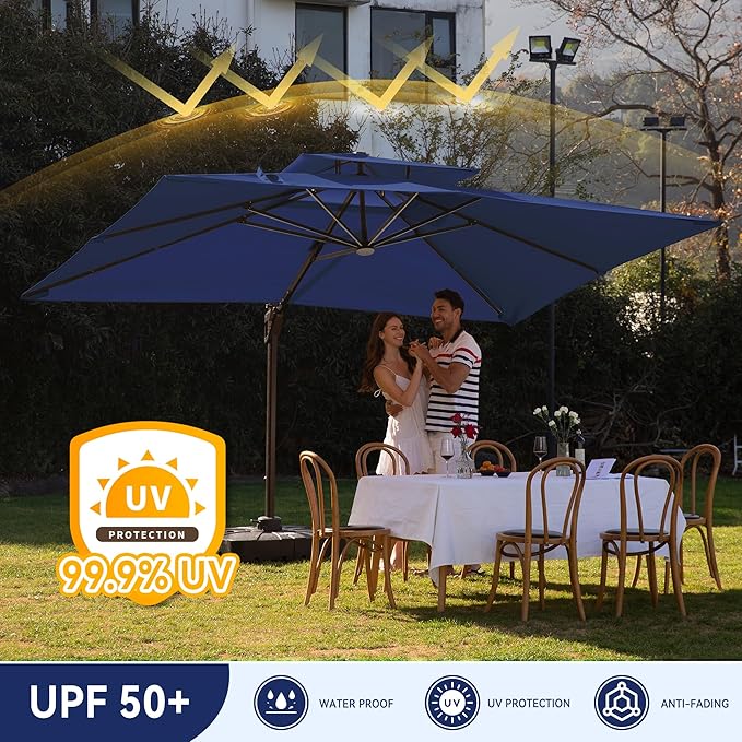 9 X 12 FT Cantilever Outdoor Patio Umbrella with LED Lights Large Heavy Duty 360° Rotation Double Top Offset Rectangular Umbrellas for Backyard Garden Pool Outside Deck, Navy