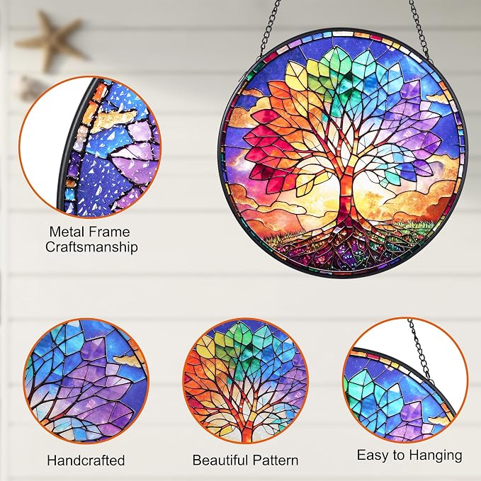 Stained Glass Window Hanging, Colorful Tree of Life Suncatcher 7.8 in Sun Catcher Boho Wall Art Decor with Chain Diamond Glass Panel Hangings Scenery Sun Catchers Decor for Lover Couple Mom