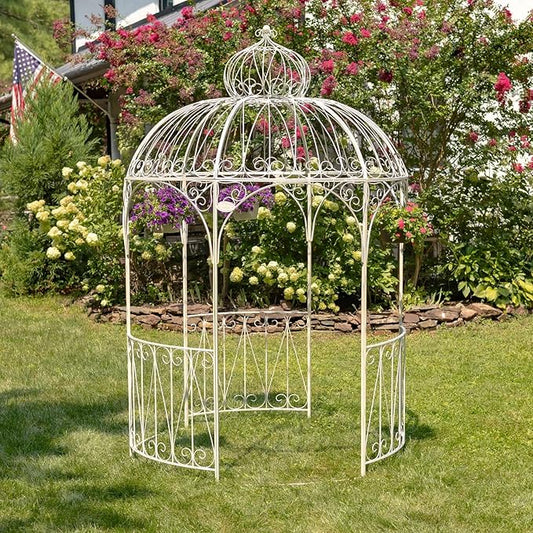 Large Round Metal Garden Gazebo with 3 Entries and Side Walls (Antique White)
