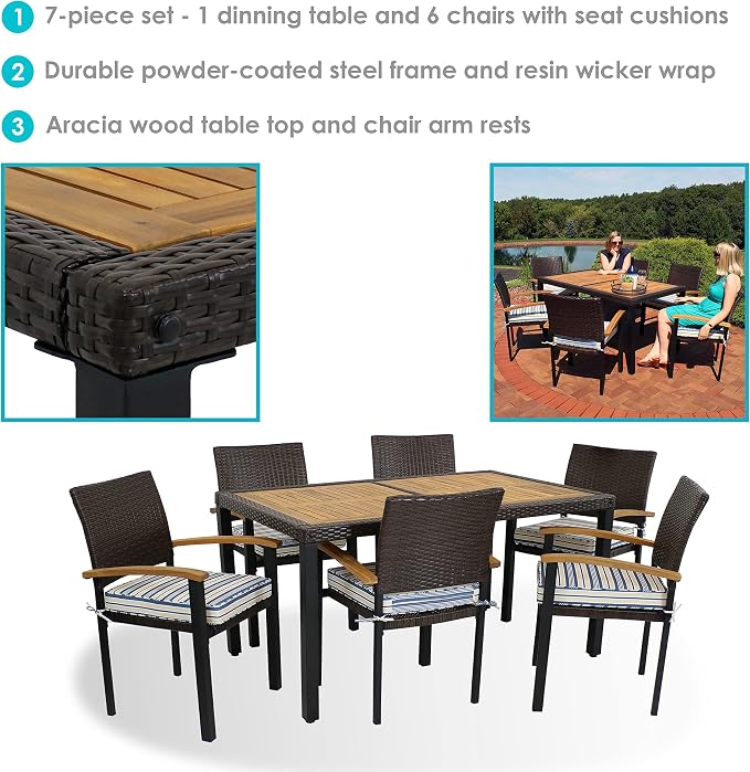 Sunnydaze Carlow 7-Piece Rattan and Acacia Outdoor Dining Set - 1 Table and 6 Chairs with Seat Cushions - Blue Stripe