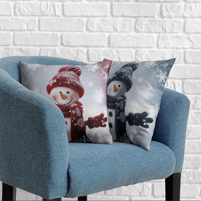 Navy Blue and Red Snowman Pillow Covers 18x18 Set of 2 Winter Holiday Decorative Pillow Covers Cotton Linen Throw Pillow Case for Christmas Decorations Living Room Sofa
