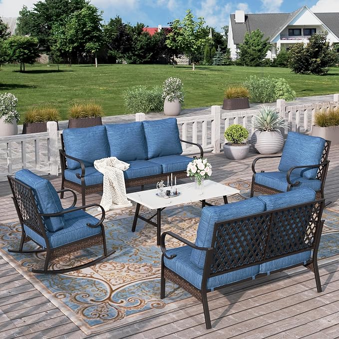 HERA'S HOUSE 5 Piece Metal Patio Furniture Set, 7 Seats All Weather Outdoor Conversation Set, 3 Seat Sofa with Loveseat, 2 Rocking Chairs, Coffee Table for Backyard, Garden, Deck, Pacific Blue