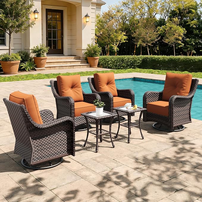 6 Pieces Outdoor Furniture Set with 6-inch Cushions, High Back Wicker Swivel Rocker Chairs with Coffee Table, Luxury Conversation Set for Deck Patio and Poolside