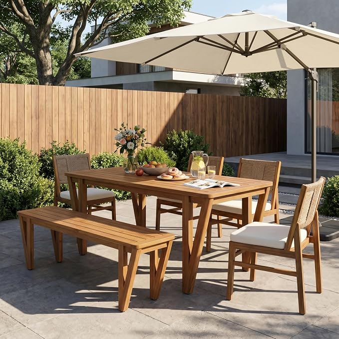 Christopher Knight Home Alan Acacia Wood Patio Dining Set with Bench, Solid Wood Outdoor Dining Table Set for 6, Outdoor Dining Set with Water-Resistant Cushion, Teak+Cream+Brown