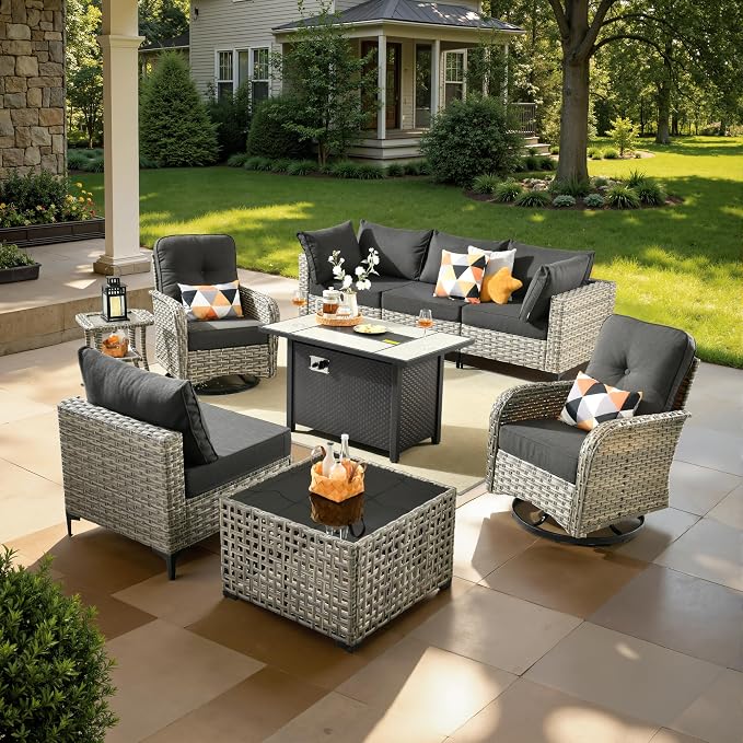 9 Pcs Patio Furniture with Fire Pit Table, Outdoor Rattan Wicker Conversation Set with Glowing Coffee Table, Comfy Sectional Sofa for Porch Balcony Backyard Pool, Black