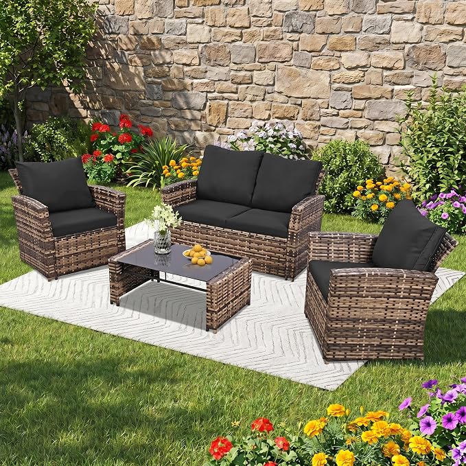 FHFO 4 Piece Outdoor Wicker Patio Furniture Set, Yellow/Black | Sectional Sofa | All-Weather Hand-Woven Rattan | Tempered Glass Coffee Table | Durable Fabric | Indoor & Outdoor Use