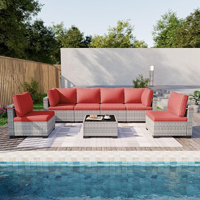 7-Piece Patio Furniture Set, Outdoor Sectional with Thick Cushions, Modular Patio Sofa, Dual-Strand Wicker Rattan, Rust-Resistant Frame, Backyard Furniture for Garden, Deck, Red