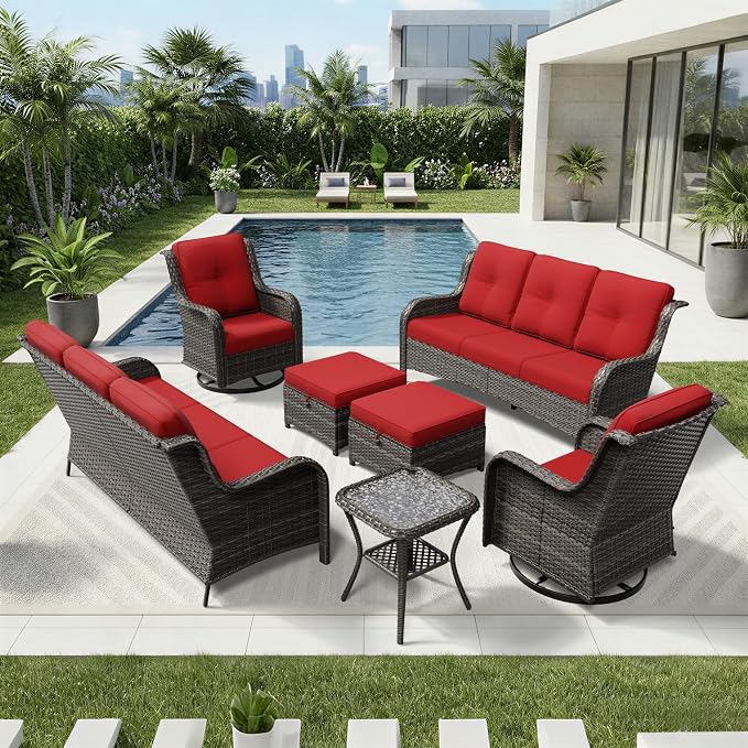 Joyside 7 Piece Wicker Patio Furniture Set, Outdoor Swivel Rocker Patio Chairs with High Back, Deep Seating, Wide Armrest, Thickened Cushions, Outdoor Furniture for Deck, Porch Use