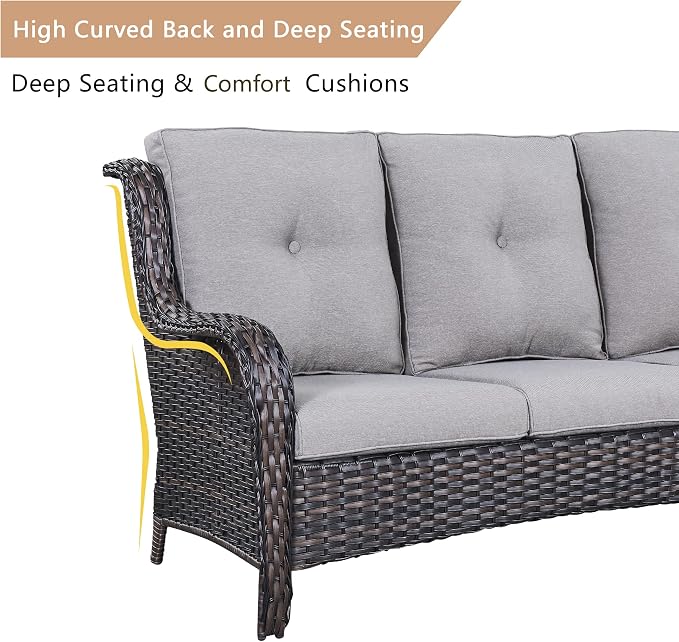 HUMMUH Patio Furniture with Fire Pit 4-Piece Wicker Outdoor Sectional Couch and Swivel Rocking Chairs, Propane Fire Pit Conversation Set for Garden, Backyard, Deck