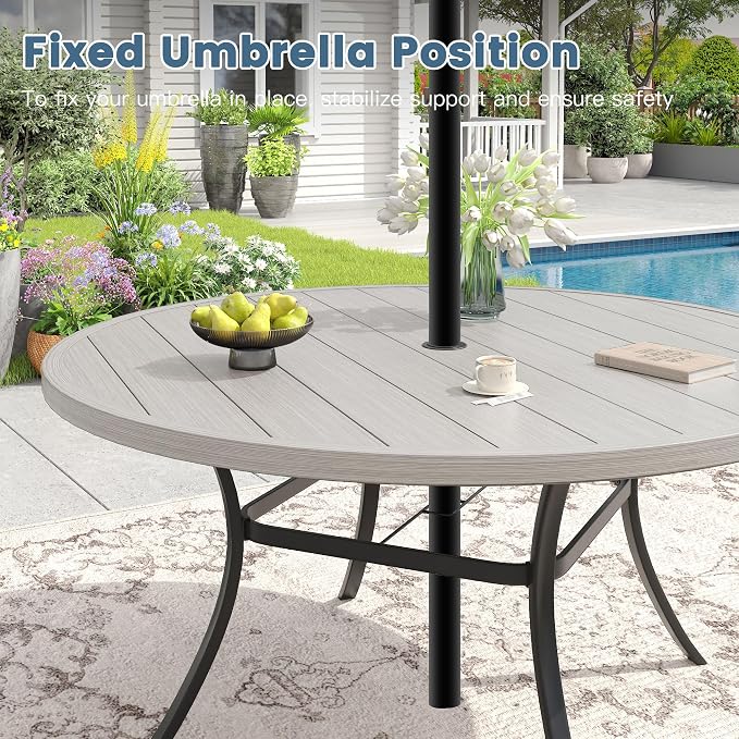DIFY 9 Piece Outdoor Patio Dining Set for 8, 60" Grey Wood-Like Round Metal Dining Table and Swivel Patio Chairs with Grey Padded Textilene, All-Weather Outdoor Furniture Set for Garden Backyard