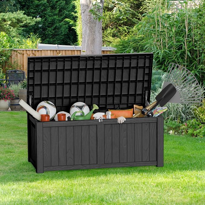 Outdoor Storage Box Waterproof, 150 Gallon Large Deck Box Lockable, Patio Storage Bin Resin for Pool Accessories Cushion Furniture, Garden Tools, UV-Resistant Outside Delivery Black